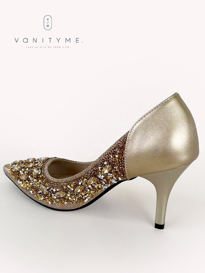 haremode ビジュー ポインテッドトゥ パンプス  ベージュ・ブラック・シルバー vsh-am-3427