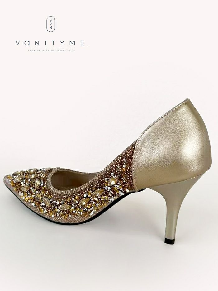 haremode ビジュー ポインテッドトゥ パンプス  ベージュ・ブラック・シルバー vsh-am-3427