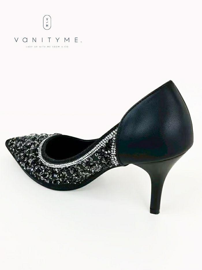 haremode ビジュー ポインテッドトゥ パンプス  ベージュ・ブラック・シルバー vsh-am-3427