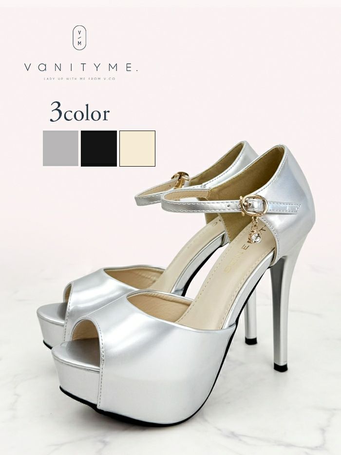 BENEDETTA エナメル オープントゥ ハイヒール ストラップ パンプス  ベージュ・ブラック・シルバー vsh-am-3428