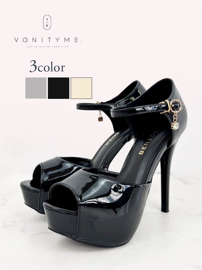 BENEDETTA エナメル オープントゥ ハイヒール ストラップ パンプス  ベージュ・ブラック・シルバー vsh-am-3428