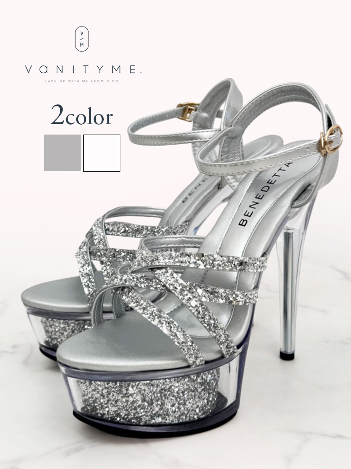 BENEDETTA グリッターラメ ハイヒール ストラップ サンダル  シルバー・ホワイト vsh-am-3429