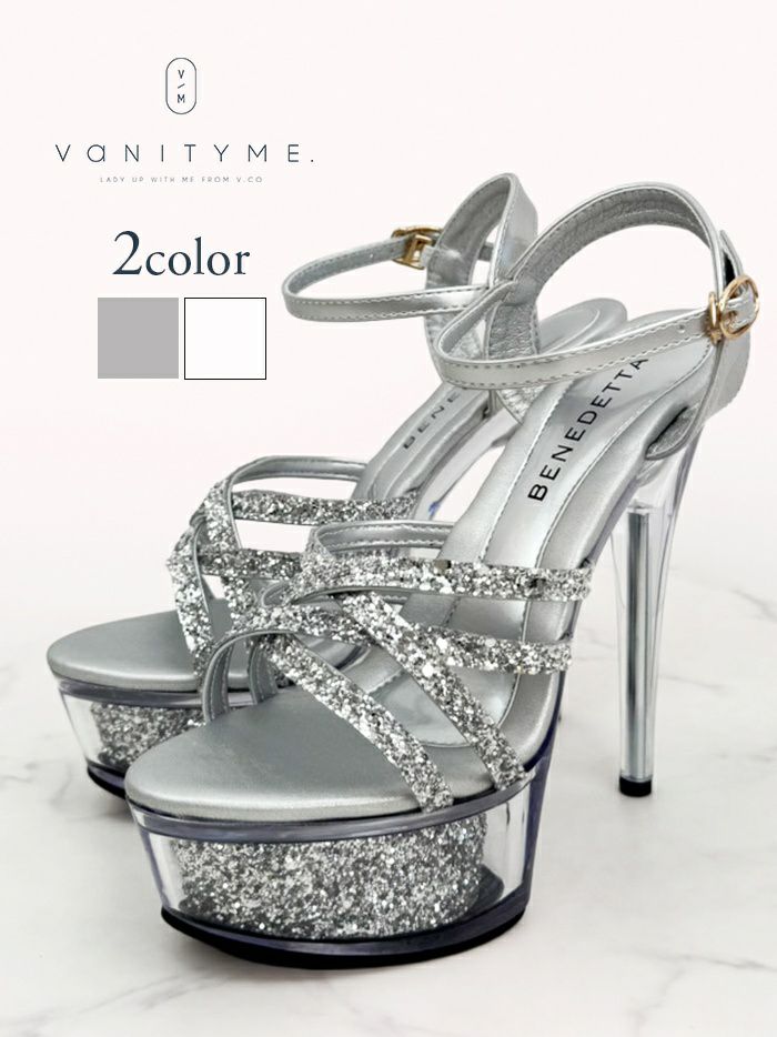 BENEDETTA グリッターラメ ハイヒール ストラップ サンダル  シルバー・ホワイト vsh-am-3429