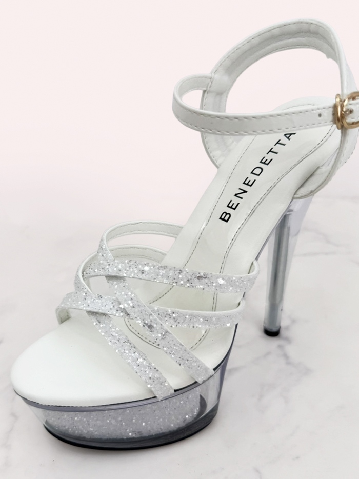 BENEDETTA グリッターラメ ハイヒール ストラップ サンダル  シルバー・ホワイト vsh-am-3429