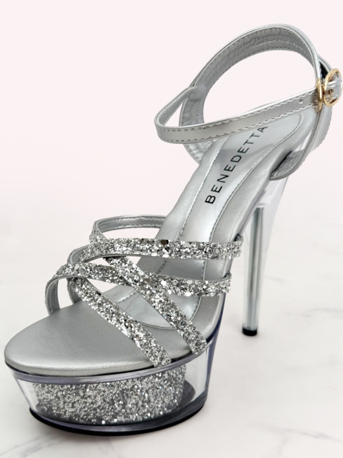 BENEDETTA グリッターラメ ハイヒール ストラップ サンダル  シルバー・ホワイト vsh-am-3429