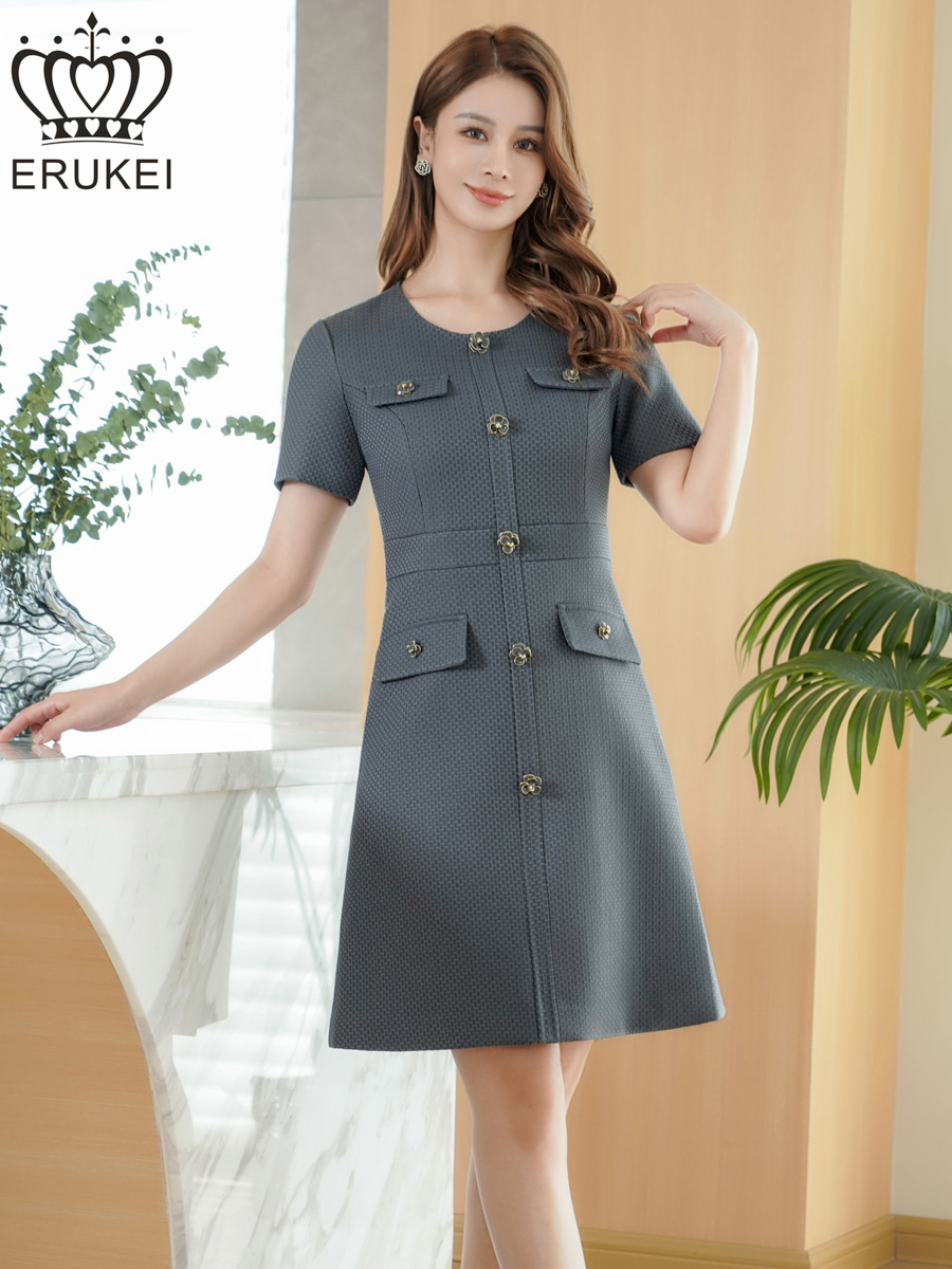 ERUKEI エルケイ グレー 半袖・Aライン・お花ボタン・ミニドレス・ワンピース ek-e2618-6