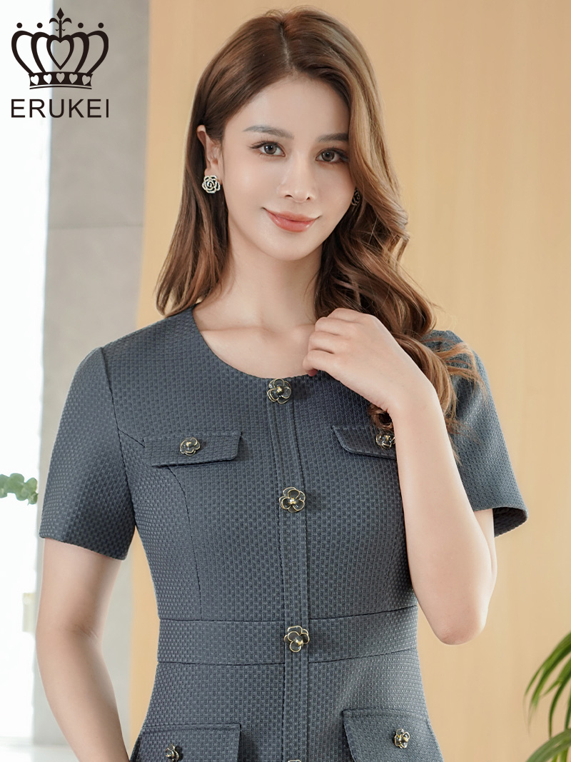 ERUKEI エルケイ グレー 半袖・Aライン・お花ボタン・ミニドレス・ワンピース ek-e2618-6