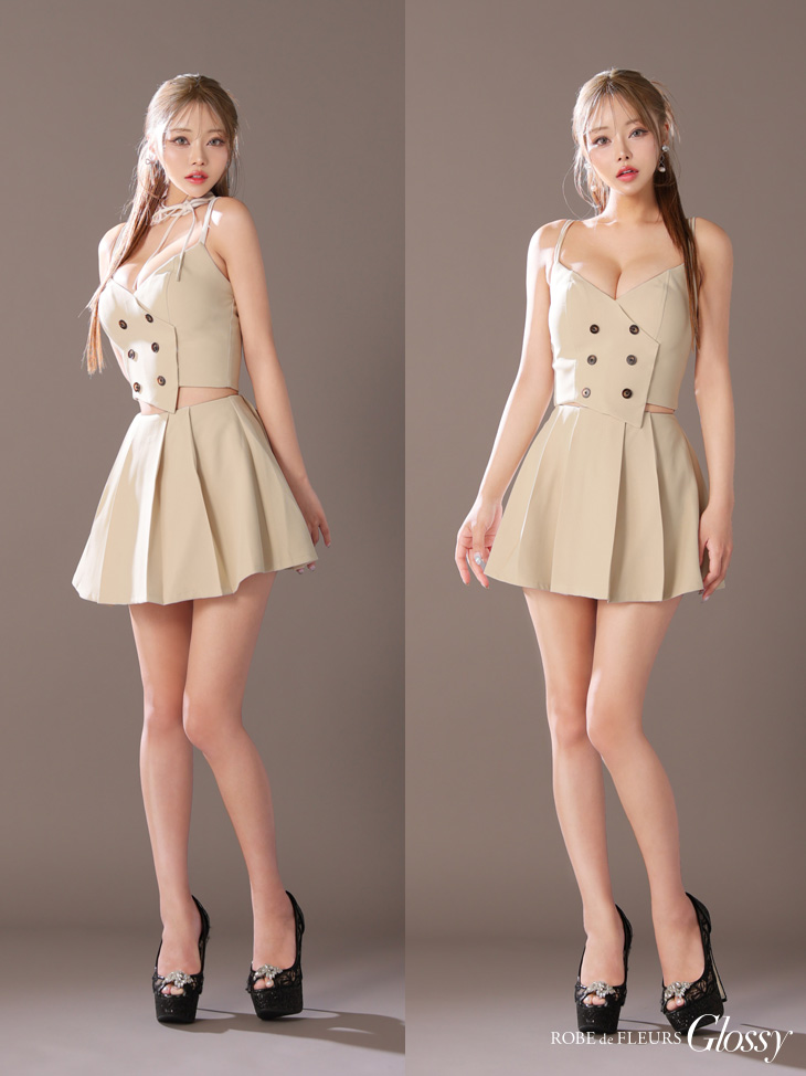 Glossy ローブドフルール グロッシー チョーカー付きダブルボタンセットアップキャミキャバドレス gl3289