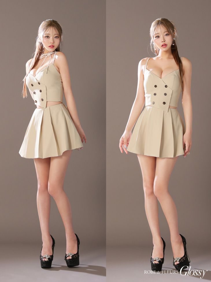 Glossy ローブドフルール グロッシー チョーカー付きダブルボタンセットアップキャミキャバドレス gl3289