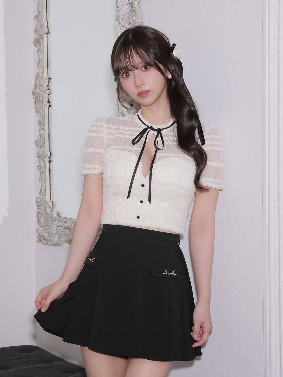 ROBE de FLEURS ローブドフルール 【XSサイズあり】 ドットフリルリボンセットアップミニキャバドレス fm4639