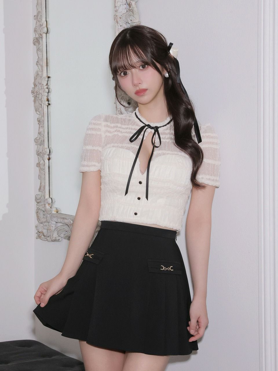 ROBE de FLEURS ローブドフルール 【XSサイズあり】 ドットフリルリボンセットアップミニキャバドレス fm4639