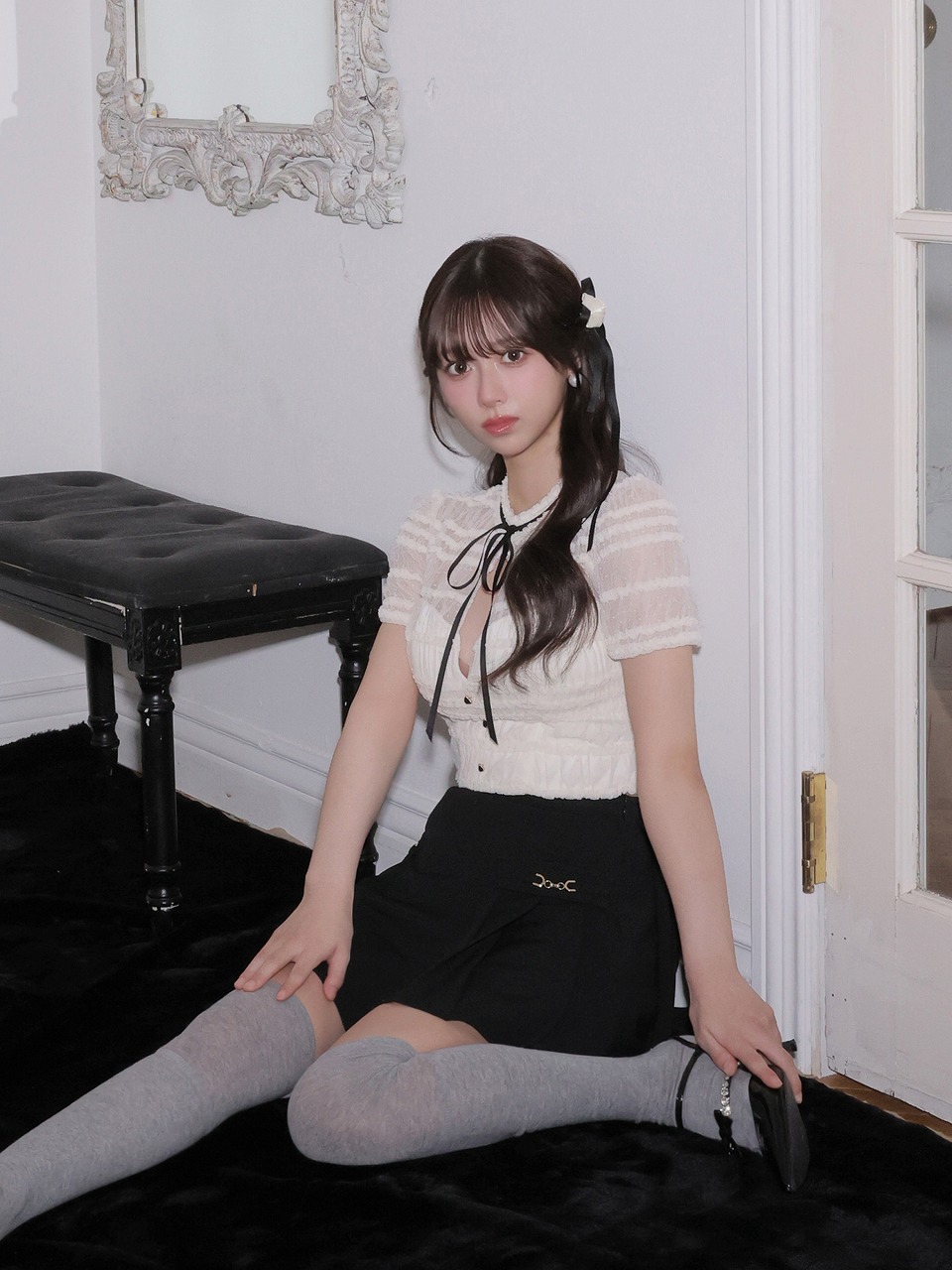 ROBE de FLEURS ローブドフルール 【XSサイズあり】 ドットフリルリボンセットアップミニキャバドレス fm4639