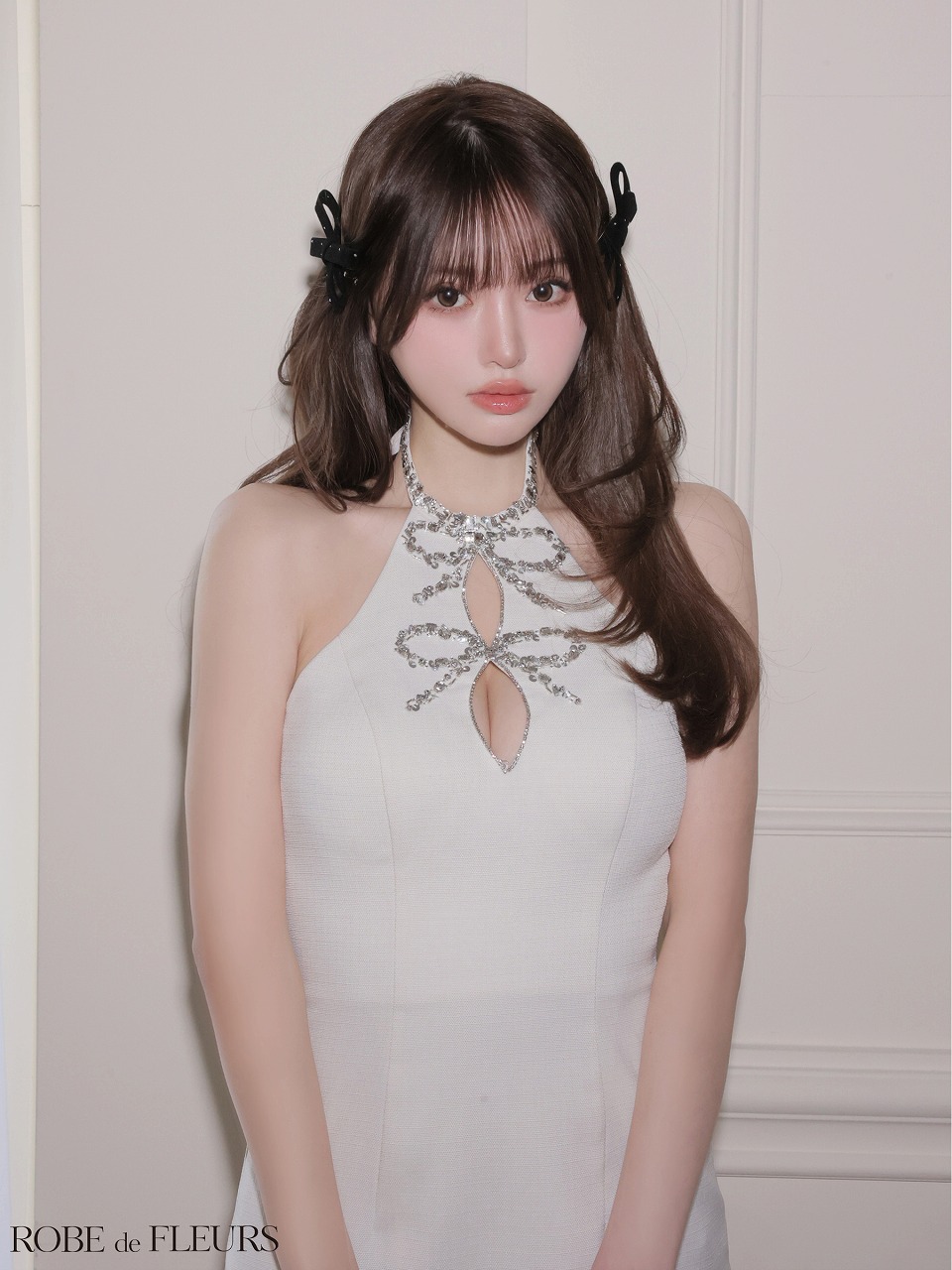 ROBE de FLEURS ローブドフルール 【XSサイズあり】 ツイードビジューリボンホルターミニキャバドレス fm4163