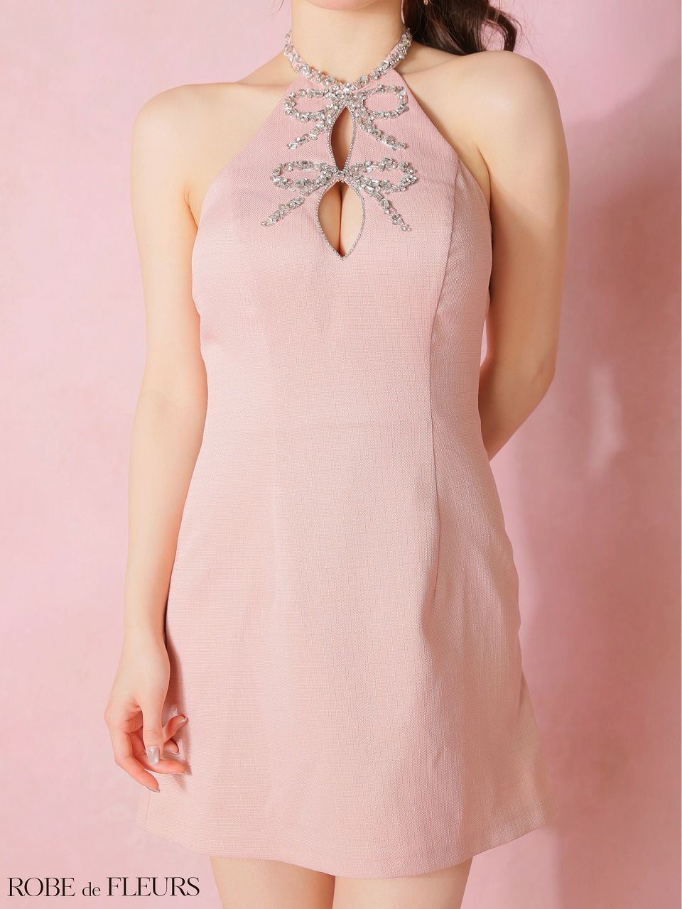 ROBE de FLEURS ローブドフルール 【XSサイズあり】 ツイードビジューリボンホルターミニキャバドレス fm4163