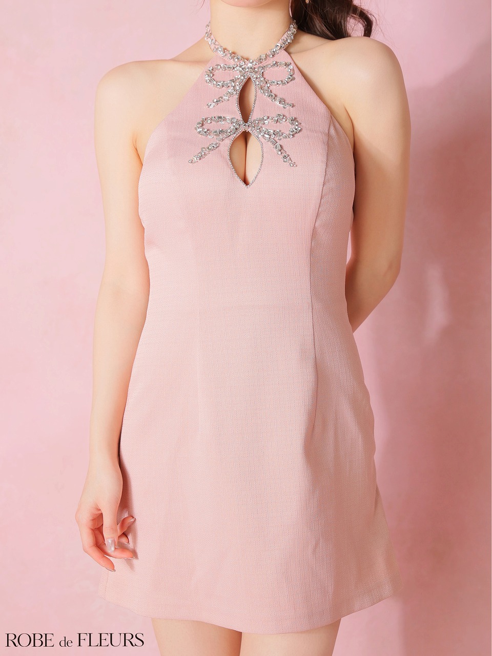 ROBE de FLEURS ローブドフルール 【XSサイズあり】 ツイードビジューリボンホルターミニキャバドレス fm4163