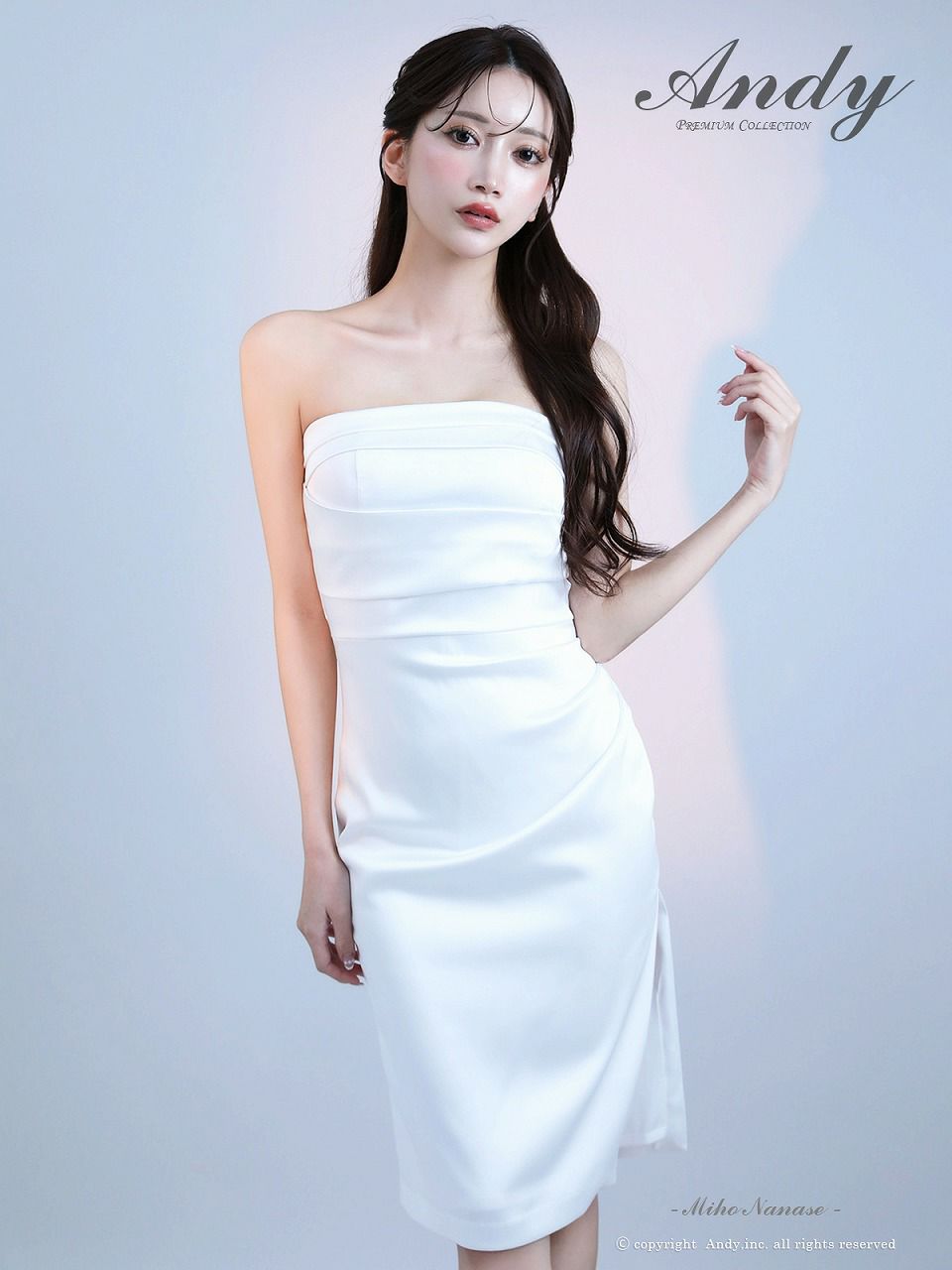 Andy アンディ サテン ベアトップ シンプル ワンカラー スリット入り タイト ミディアムドレス an-on3054