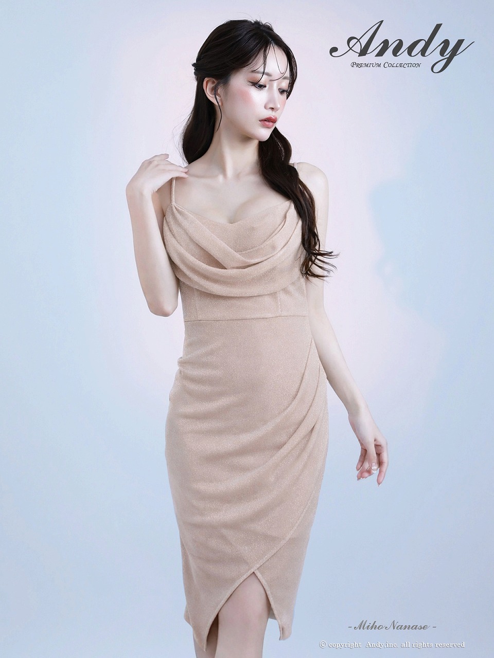 Andy アンディ  ワンカラー バストドレープ キャミ アシンメトリー タイト ミディアムドレス an-on3048