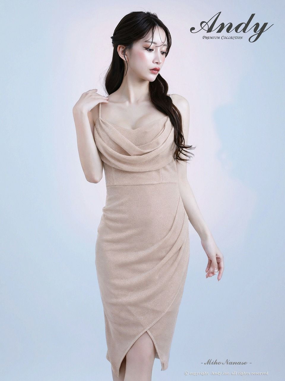 Andy アンディ  ワンカラー バストドレープ キャミ アシンメトリー タイト ミディアムドレス an-on3048