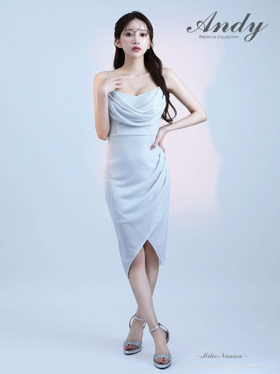 Andy アンディ  ワンカラー バストドレープ キャミ アシンメトリー タイト ミディアムドレス an-on3048