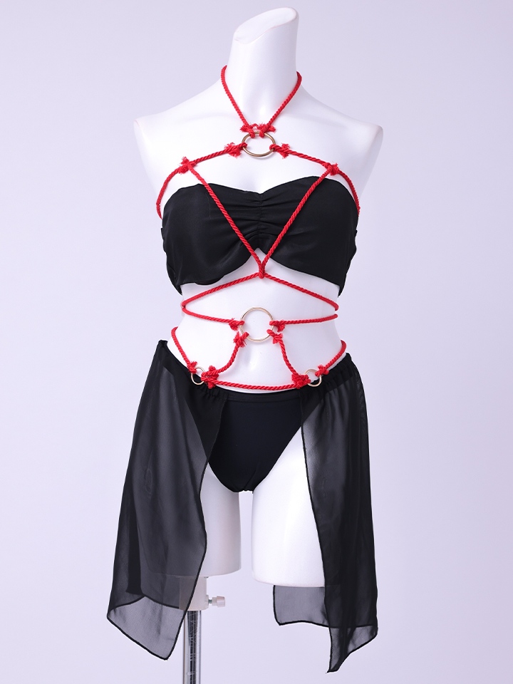 【6点セット】コスプレ キラーロープ 紐 緊縛風 くのいち ブラック vcsot-24002