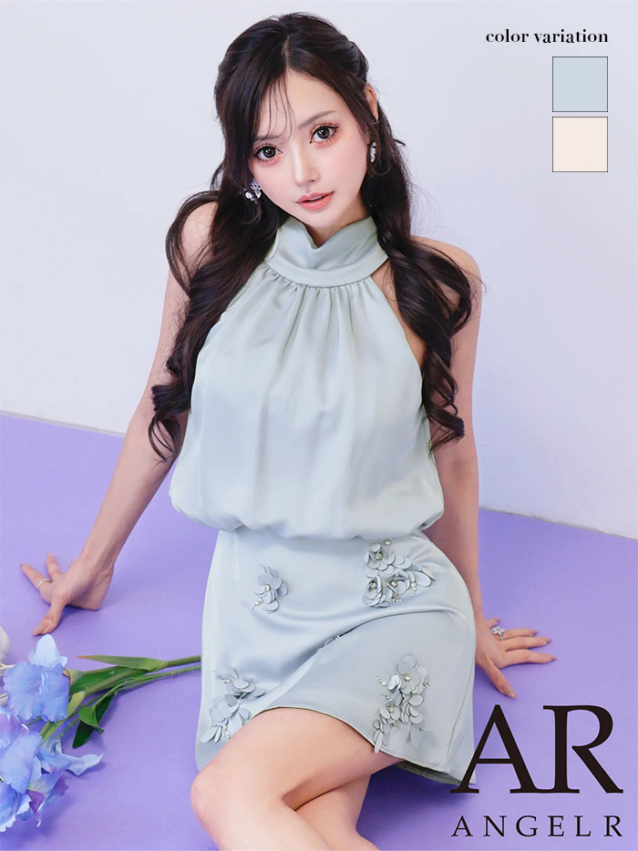 AngelR エンジェルアール スタンドネックフラワーレースサテンウエストマークAラインフレアマイクロミニドレス ar26803-ks