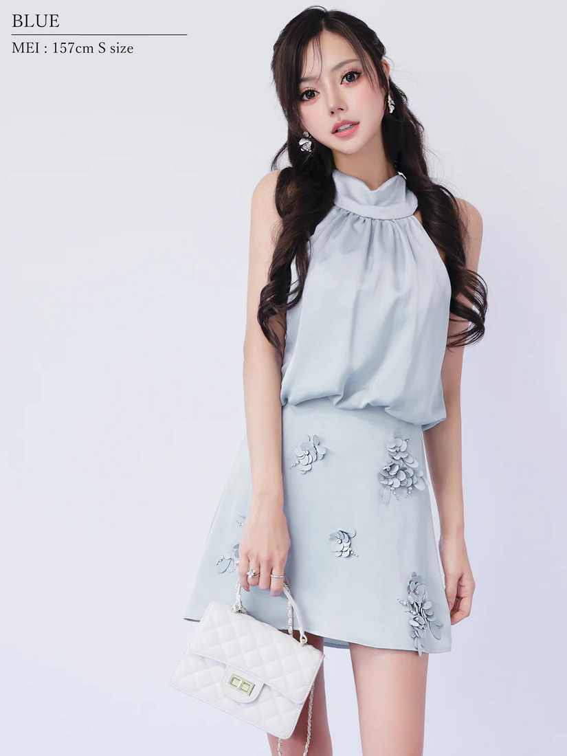 AngelR エンジェルアール スタンドネックフラワーレースサテンウエストマークAラインフレアマイクロミニドレス ar26803-ks