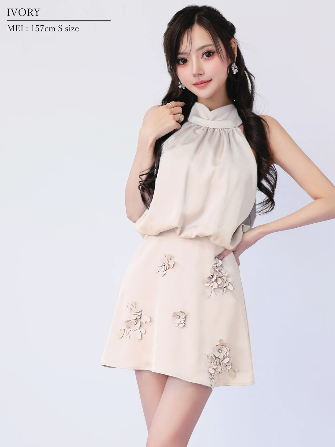 AngelR エンジェルアール スタンドネックフラワーレースサテンウエストマークAラインフレアマイクロミニドレス ar26803-ks