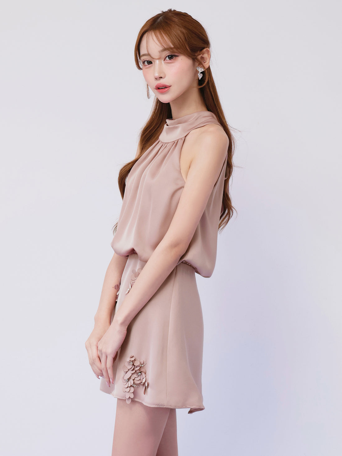 AngelR エンジェルアール スタンドネックフラワーレースサテンウエストマークAラインフレアマイクロミニドレス ar26803-ks