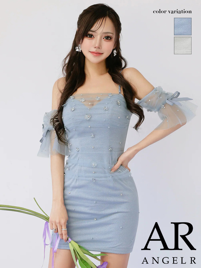 AngelR エンジェルアール ベアトップフレアスリーブフラワーメッシュリボンタイトミニドレス ar26306-ks