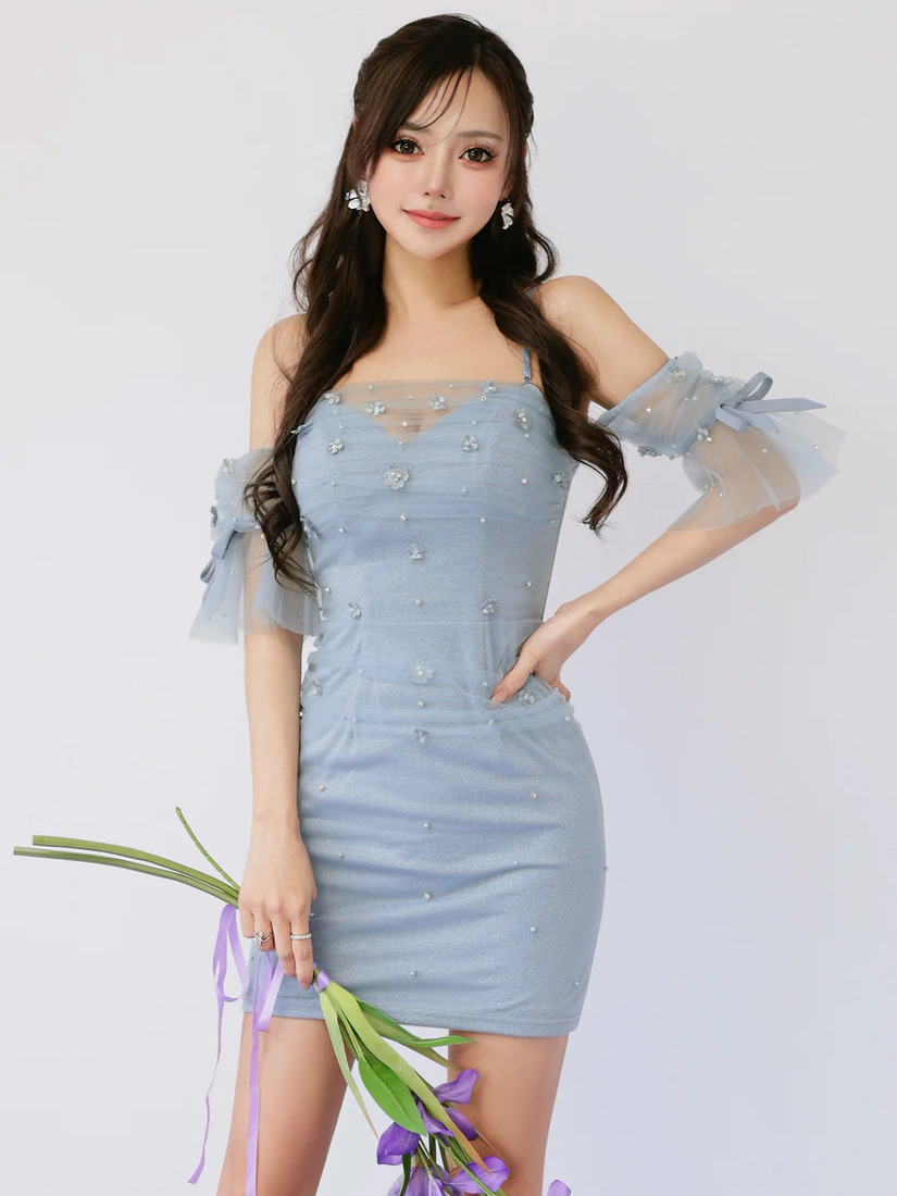 AngelR エンジェルアール ベアトップフレアスリーブフラワーメッシュリボンタイトミニドレス ar26306-ks