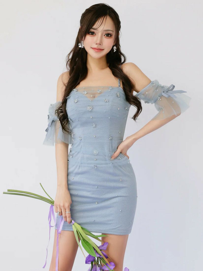 AngelR エンジェルアール ベアトップフレアスリーブフラワーメッシュリボンタイトミニドレス ar26306-ks