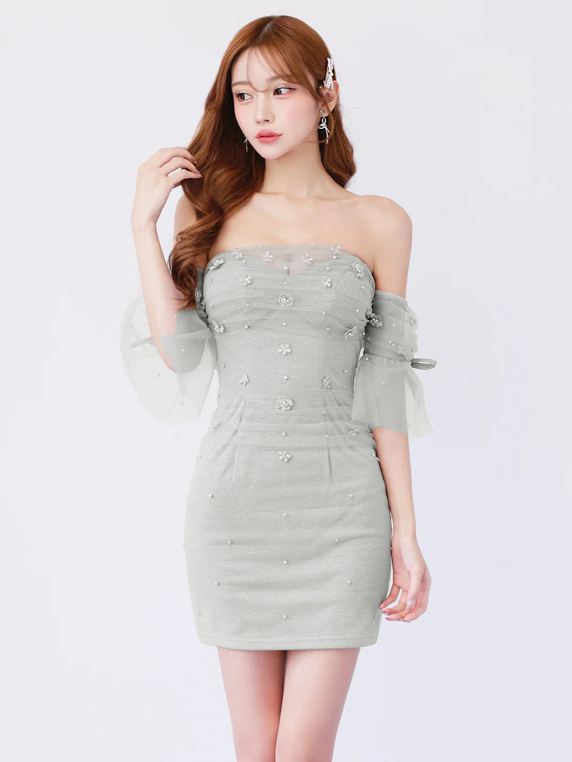 AngelR エンジェルアール ベアトップフレアスリーブフラワーメッシュリボンタイトミニドレス ar26306-ks