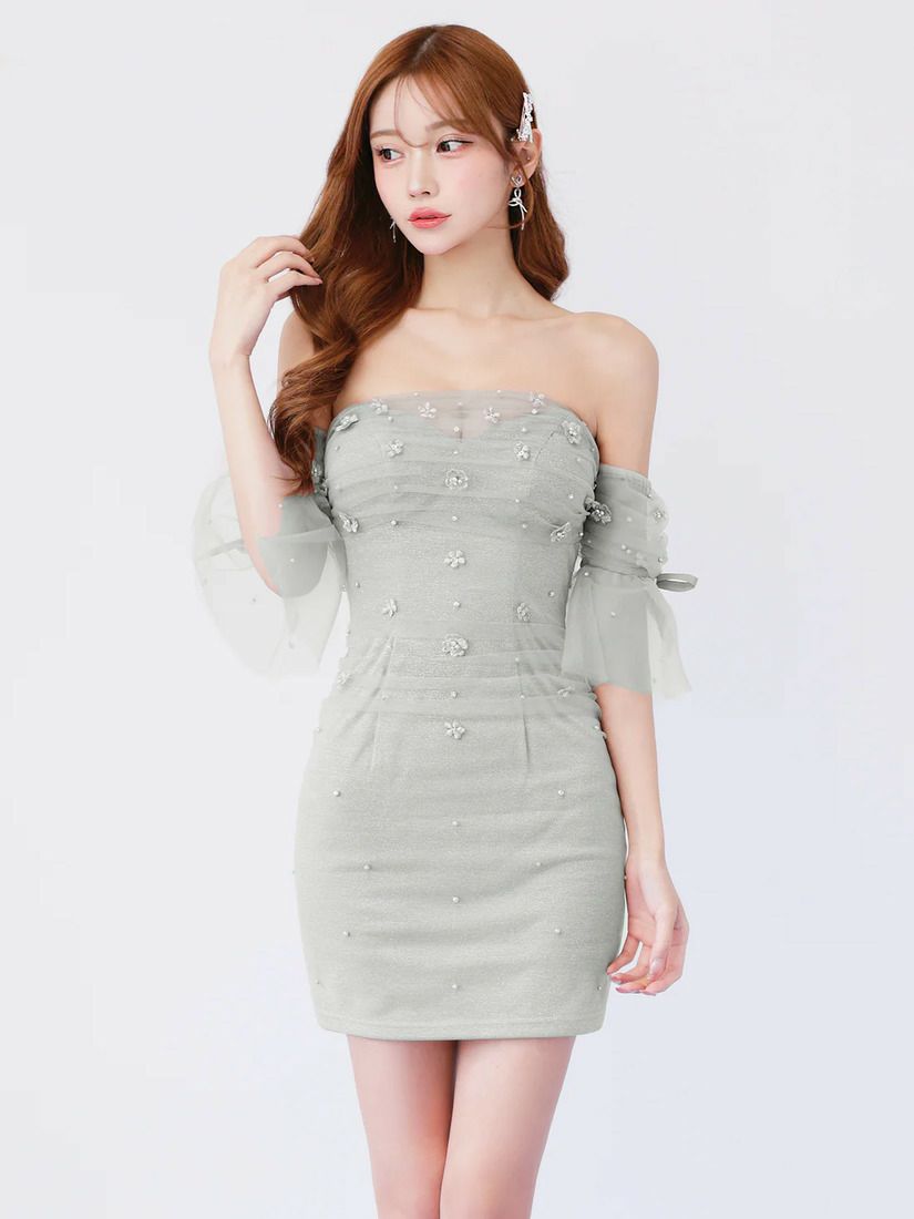 AngelR エンジェルアール ベアトップフレアスリーブフラワーメッシュリボンタイトミニドレス ar26306-ks