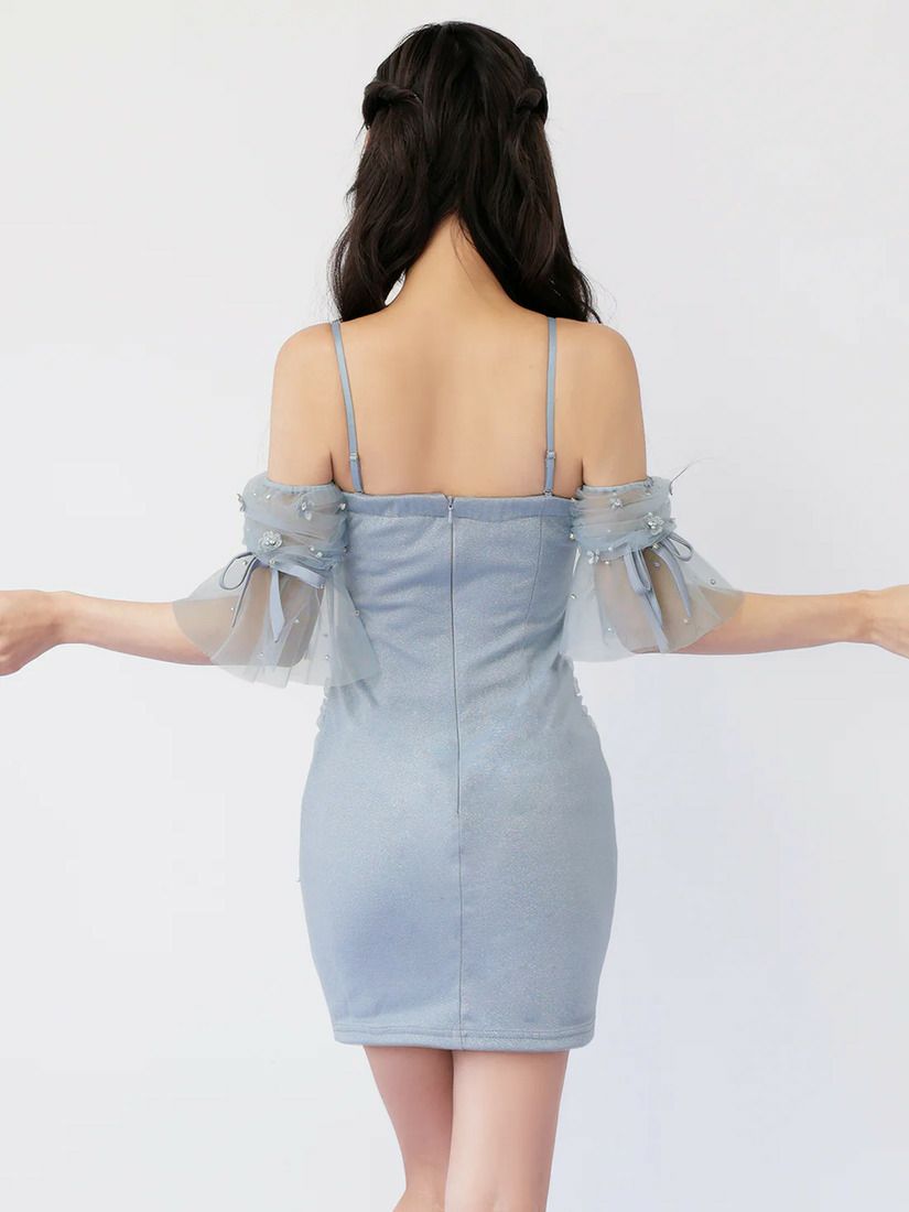 AngelR エンジェルアール ベアトップフレアスリーブフラワーメッシュリボンタイトミニドレス ar26306-ks