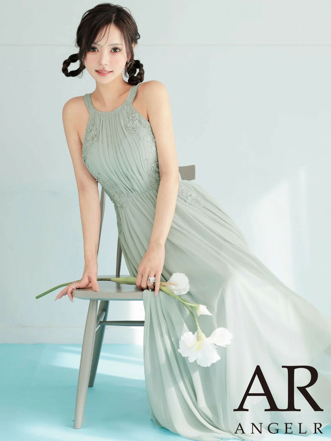 AngelR エンジェルアール ホルターネックフラワーレースリボンプリーツビジューフレアミモレ丈ロングドレス ar26807-ks