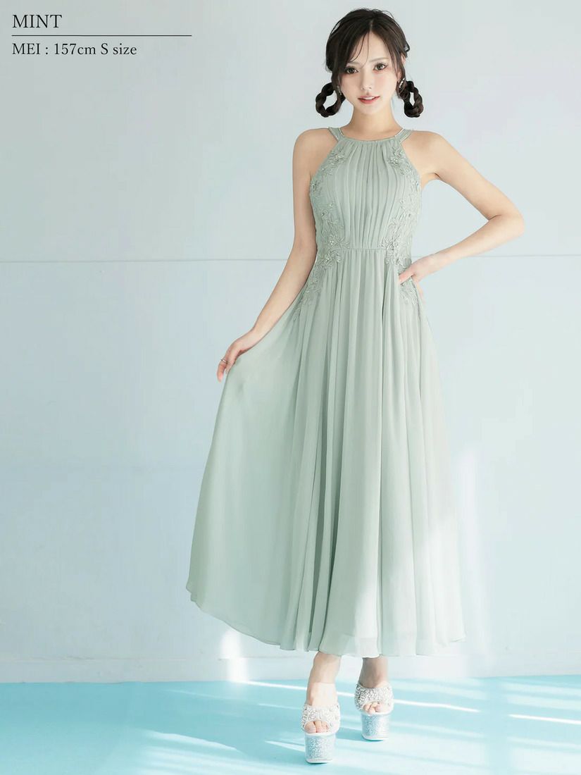 AngelR エンジェルアール ホルターネックフラワーレースリボンプリーツビジューフレアミモレ丈ロングドレス ar26807-ks