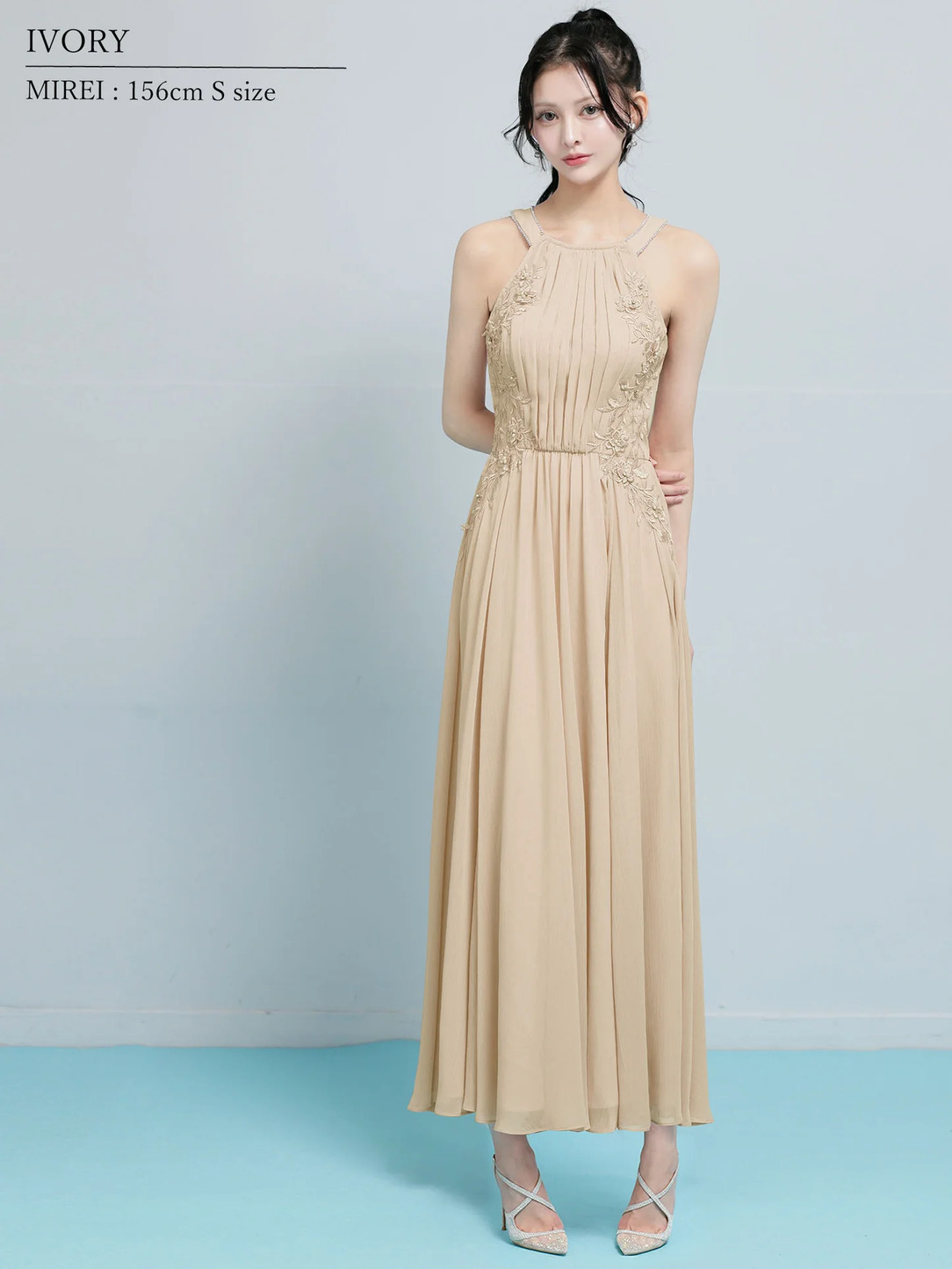 AngelR エンジェルアール ホルターネックフラワーレースリボンプリーツビジューフレアミモレ丈ロングドレス ar26807-ks