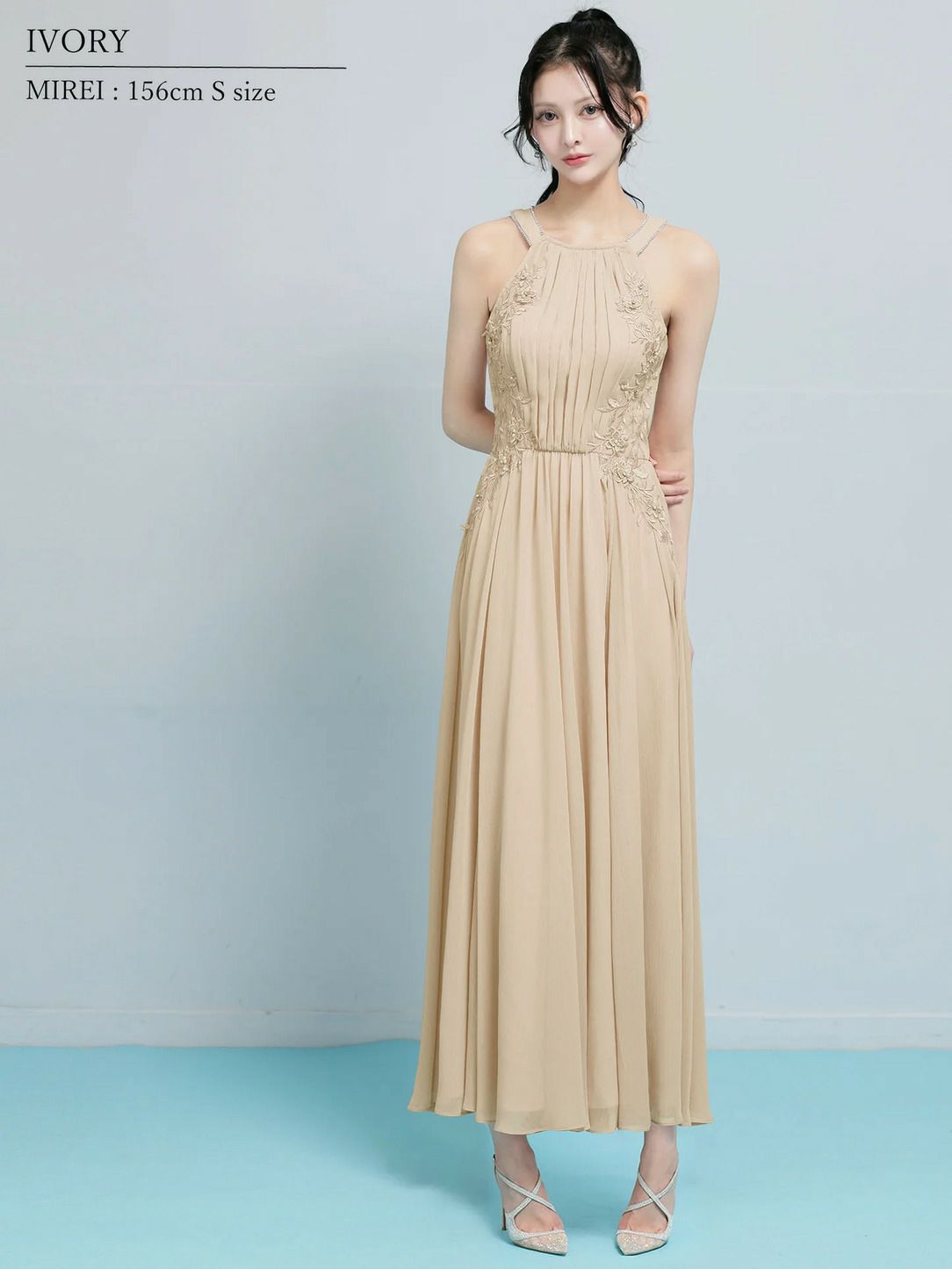 AngelR エンジェルアール ホルターネックフラワーレースリボンプリーツビジューフレアミモレ丈ロングドレス ar26807-ks