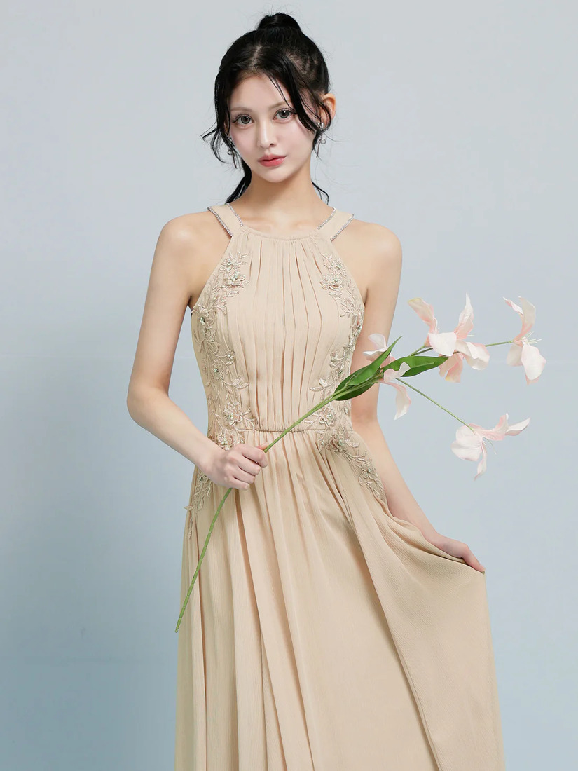 AngelR エンジェルアール ホルターネックフラワーレースリボンプリーツビジューフレアミモレ丈ロングドレス ar26807-ks