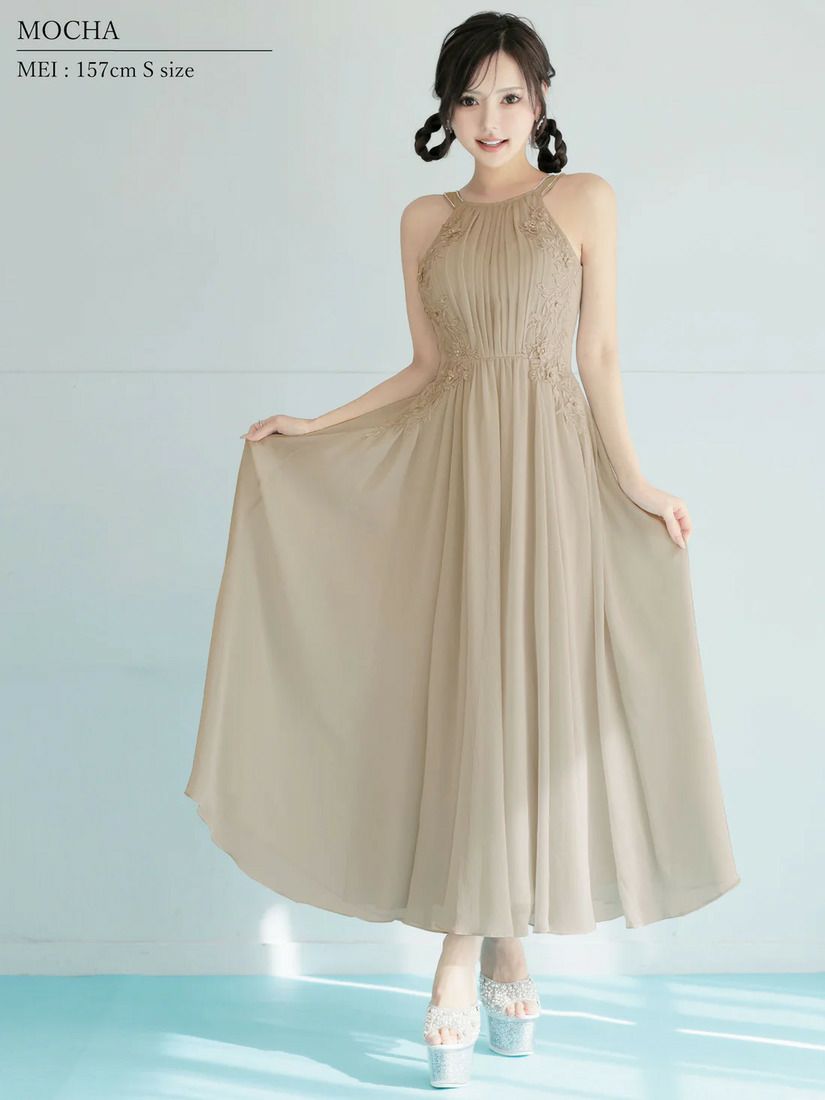 AngelR エンジェルアール ホルターネックフラワーレースリボンプリーツビジューフレアミモレ丈ロングドレス ar26807-ks