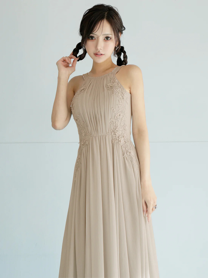 AngelR エンジェルアール ホルターネックフラワーレースリボンプリーツビジューフレアミモレ丈ロングドレス ar26807-ks