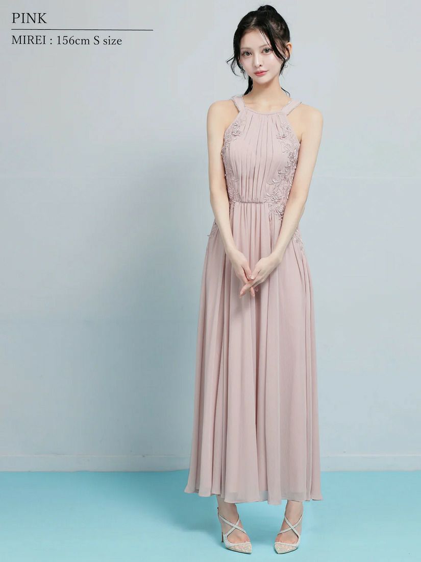 AngelR エンジェルアール ホルターネックフラワーレースリボンプリーツビジューフレアミモレ丈ロングドレス ar26807-ks