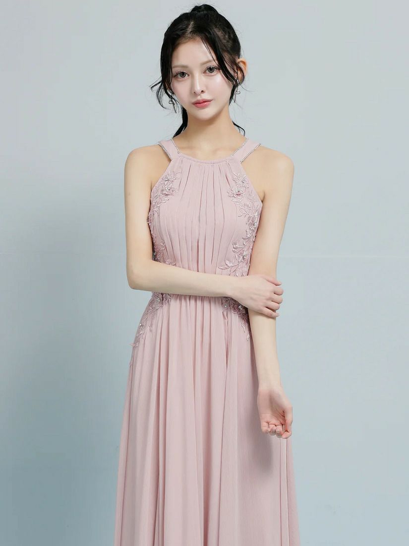 AngelR エンジェルアール ホルターネックフラワーレースリボンプリーツビジューフレアミモレ丈ロングドレス ar26807-ks