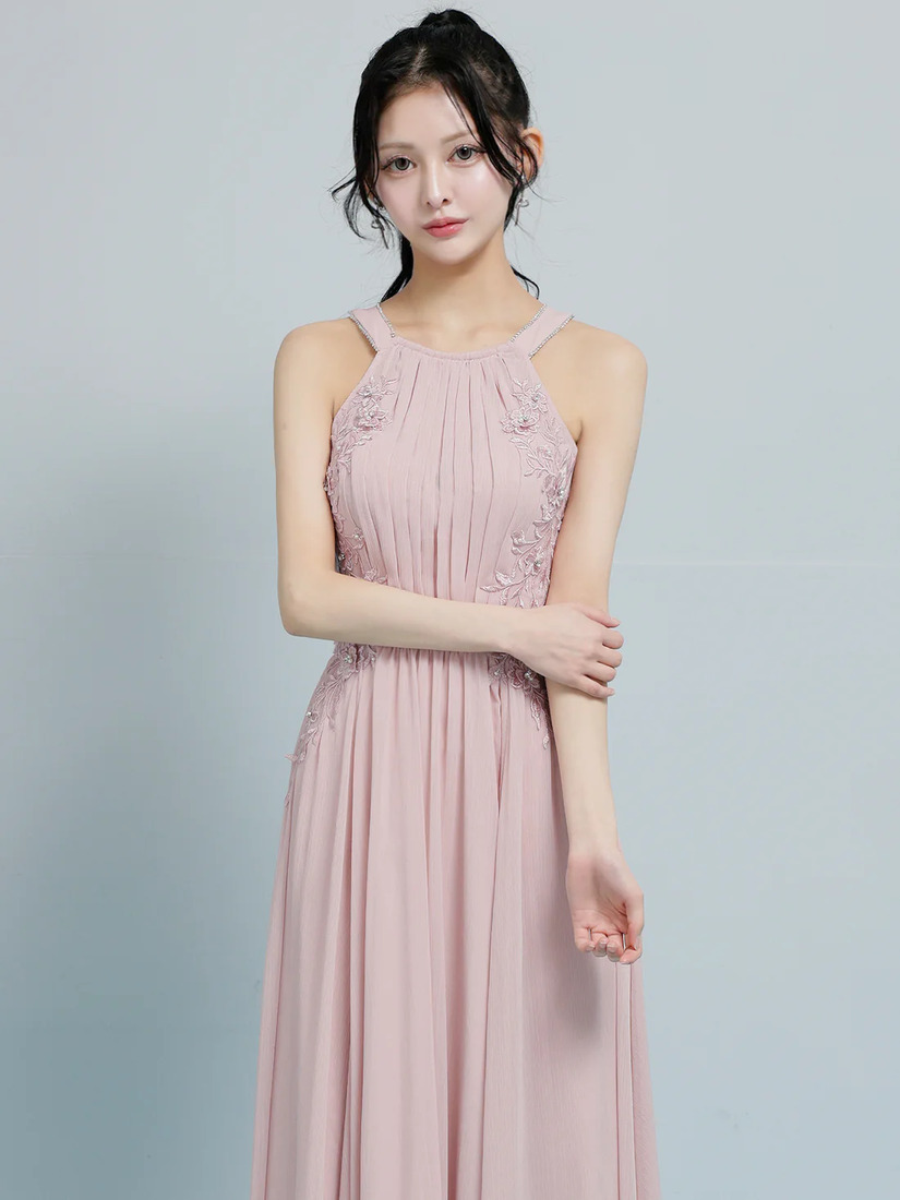 AngelR エンジェルアール ホルターネックフラワーレースリボンプリーツビジューフレアミモレ丈ロングドレス ar26807-ks