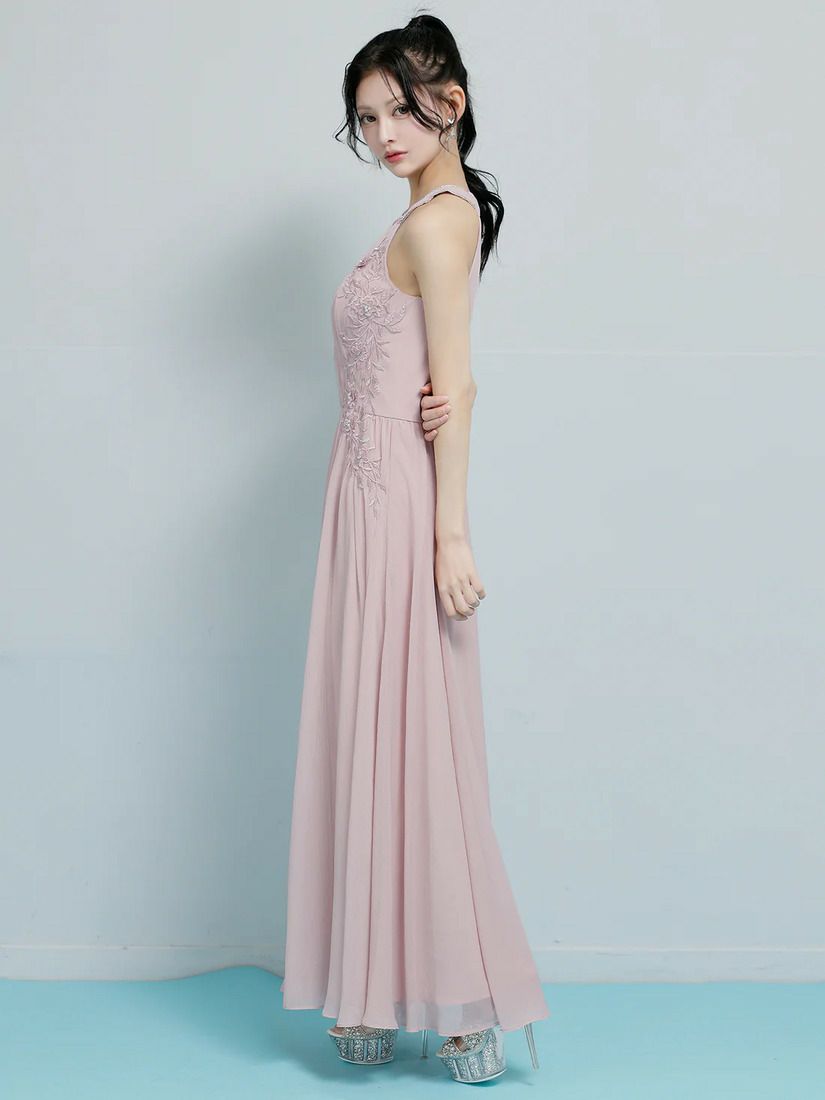 AngelR エンジェルアール ホルターネックフラワーレースリボンプリーツビジューフレアミモレ丈ロングドレス ar26807-ks