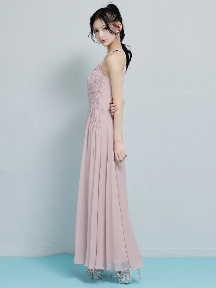 AngelR エンジェルアール ホルターネックフラワーレースリボンプリーツビジューフレアミモレ丈ロングドレス ar26807-ks