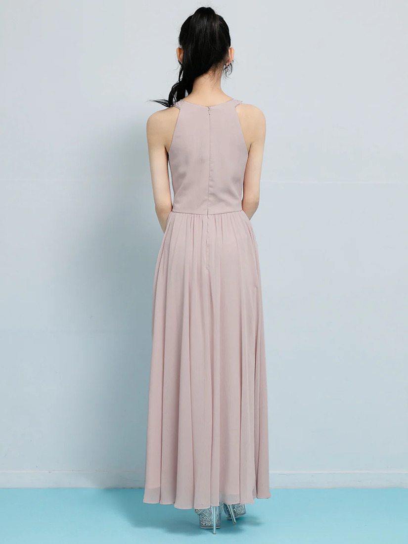 AngelR エンジェルアール ホルターネックフラワーレースリボンプリーツビジューフレアミモレ丈ロングドレス ar26807-ks