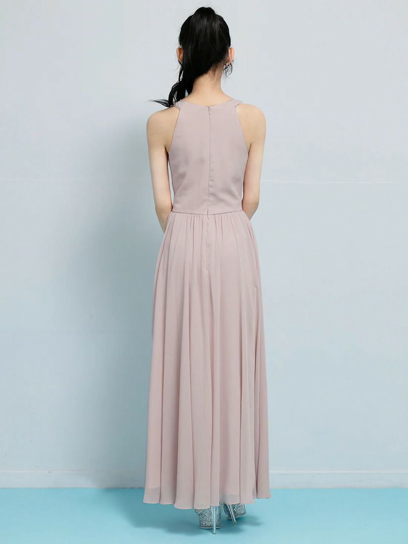 AngelR エンジェルアール ホルターネックフラワーレースリボンプリーツビジューフレアミモレ丈ロングドレス ar26807-ks