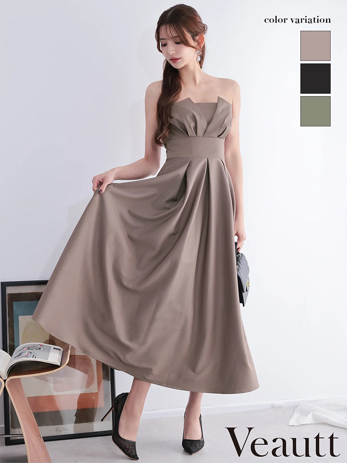 Veautt ヴュート べアトップバストタックウエストマークプリーツフレアミモレ丈ミディアムドレス  vt082602