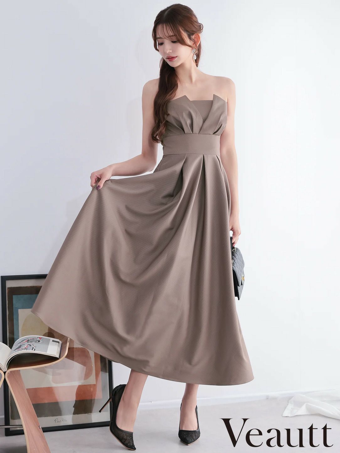Veautt ヴュート べアトップバストタックウエストマークプリーツフレアミモレ丈ミディアムドレス  vt082602
